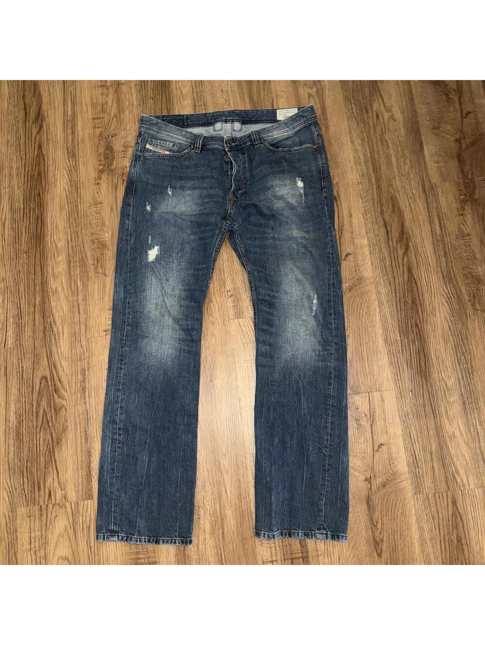 Diesel Jeans Mens 34x32 Blue Viker Med Wash Regular Straight Button Fly Distress